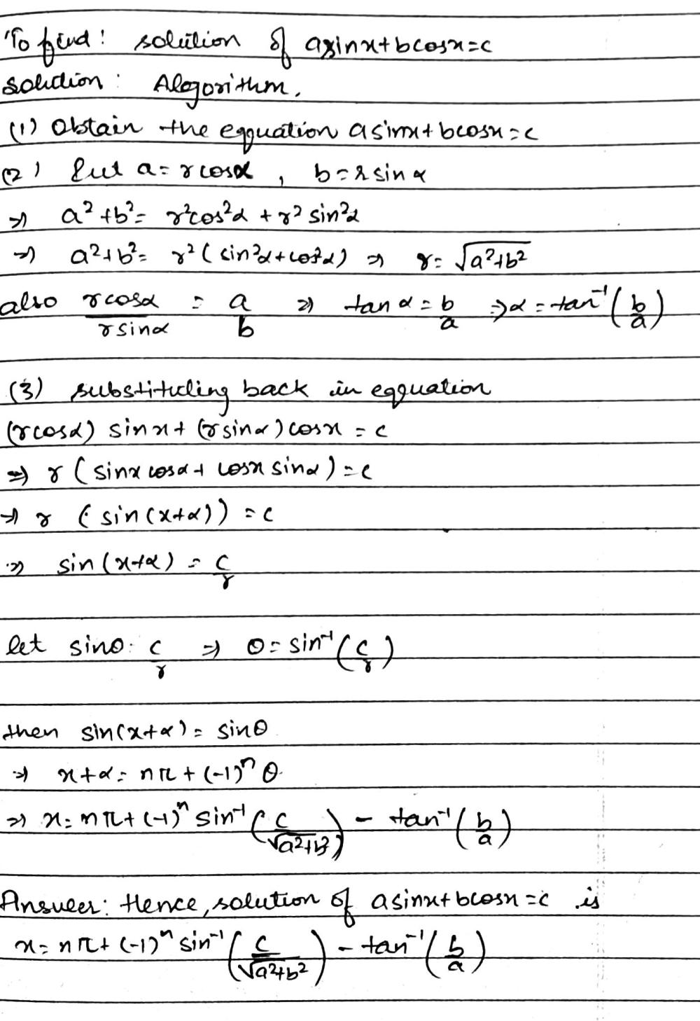 Find The Solution Of Equation Of Form A Sinx B Cosx C With Algorithm Snapsolve