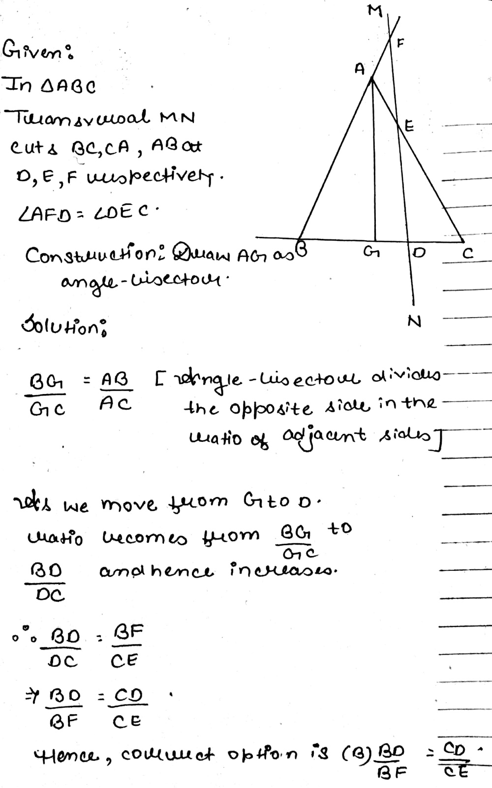 In A Abc A Transversal Is Drawn To Cut The Sides Ca Ab Produced If Necessary At D E And F Respectively And It Makes Equal Angles With Ab And