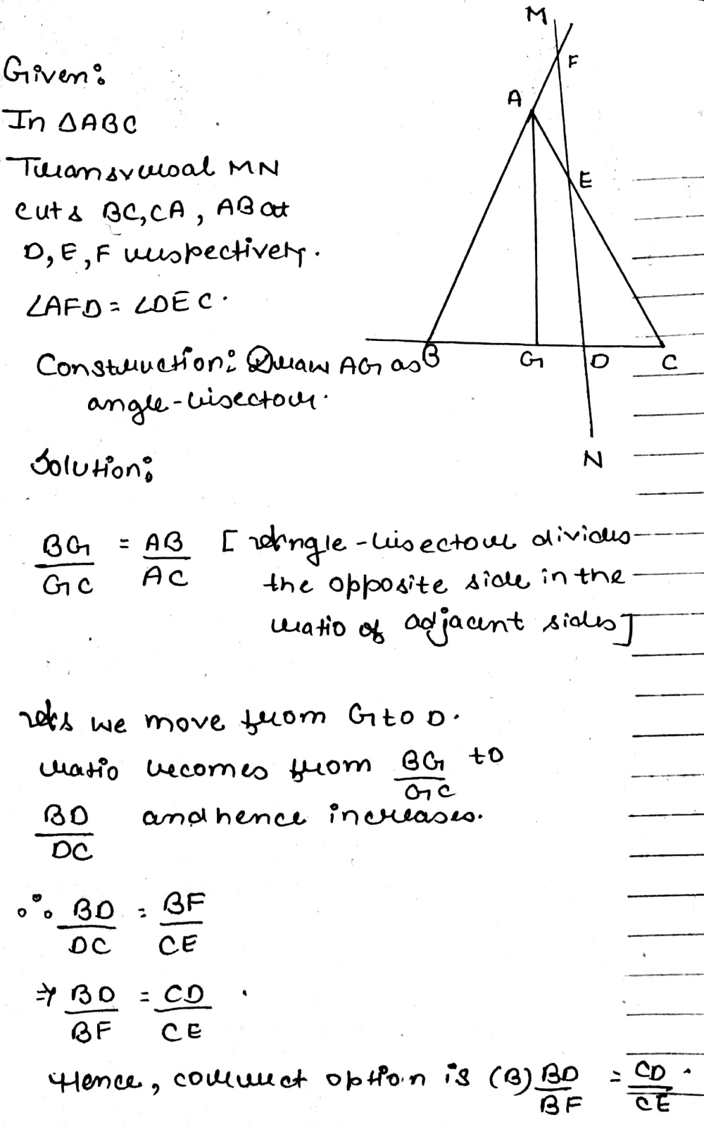 In A Abc A Transversal Is Drawn To Cut The Sides Ca Ab Produced If Necessary At D E And F Respectively And It Makes Equal Angles With Ab And