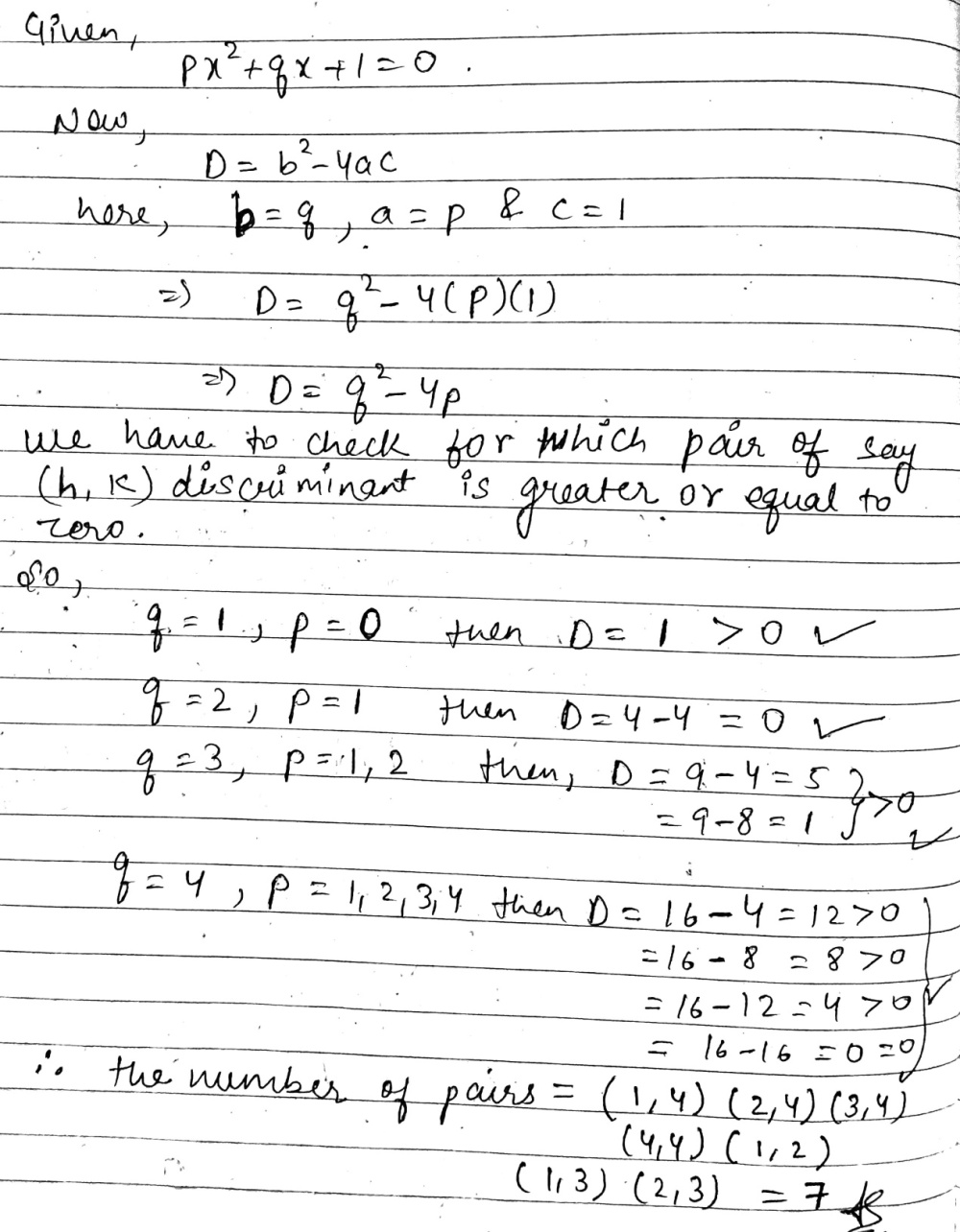 If P Q In Left 1 2 3 4right Then Find The Number Of Equations Of The Form P X 2 Qx 1 0 Having Real Roots Snapsolve