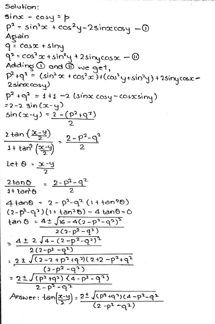 If Sinx Cosy P Cosx Siny Q Then Tanfrac X Y 2 Snapsolve