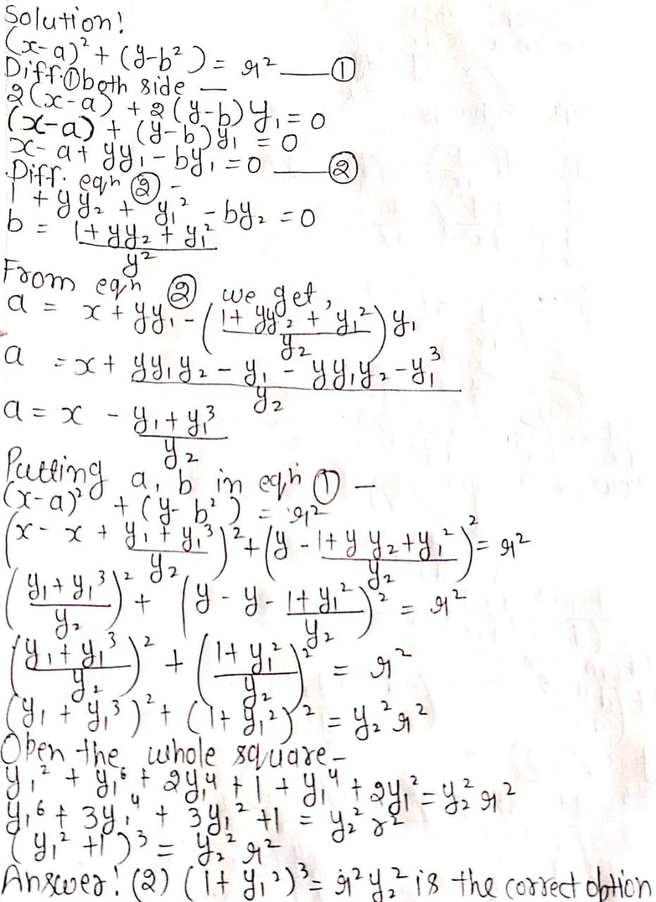 The Differential Equation By Eliminating A B From X A 2 Y B 2 R 2 Is A Left 1 Y 1 2 Right 3 R 2 Y 2 2 B Left 1 Y 1 2 Right 3 R 2 Y 2 2 C Left 1 Y 1 2 Right