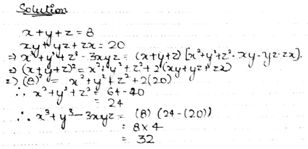 If X Y Z 8 And Xy Yz Zx Find The Value Of X 3 Y 3 Z 3 3xyz Snapsolve