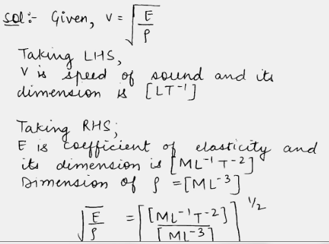 The Speed Of Sound In A Solid Is Given By The Formula V Sqrt Frac E P Where E Is Coefficient Of Elasticity And Rho Is Density Of Given Solid Check The Relation By Method Of Dimensional