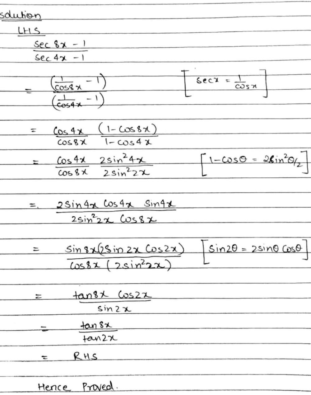 Prove That Frac Sec8x 1 Sec4x 1 Frac Tan8x Tan2x Snapsolve Prove That Frac Sec8x 1 Sec4x 1 Frac Tan8x Tan2x Snapsolve
