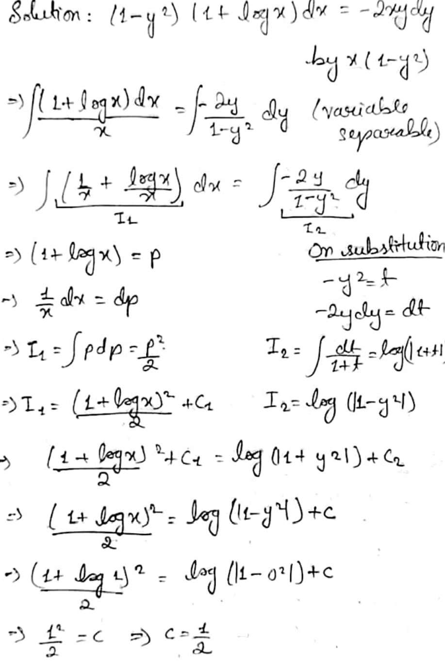 Find Left 1 Y 2 Right Left 1 Logleft Xright Right Dx 2xydy 0 Y 0 X 1 Find The Particular Solution Of Given Differential Equation Snapsolve