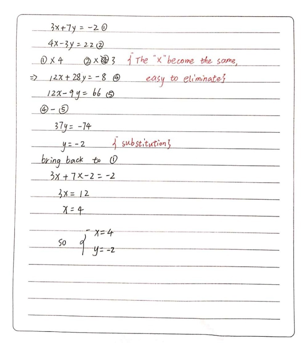 3x 7y 2 Solve 4x 3y 22 Gauthmath