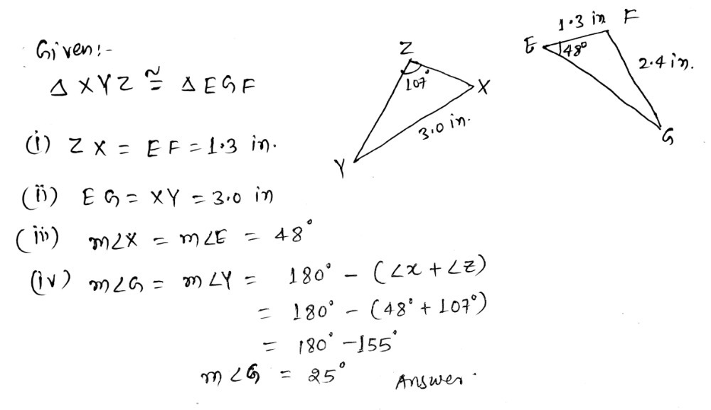 Solved: Given △ XYZ≌ △ EGF , find the measurements of th