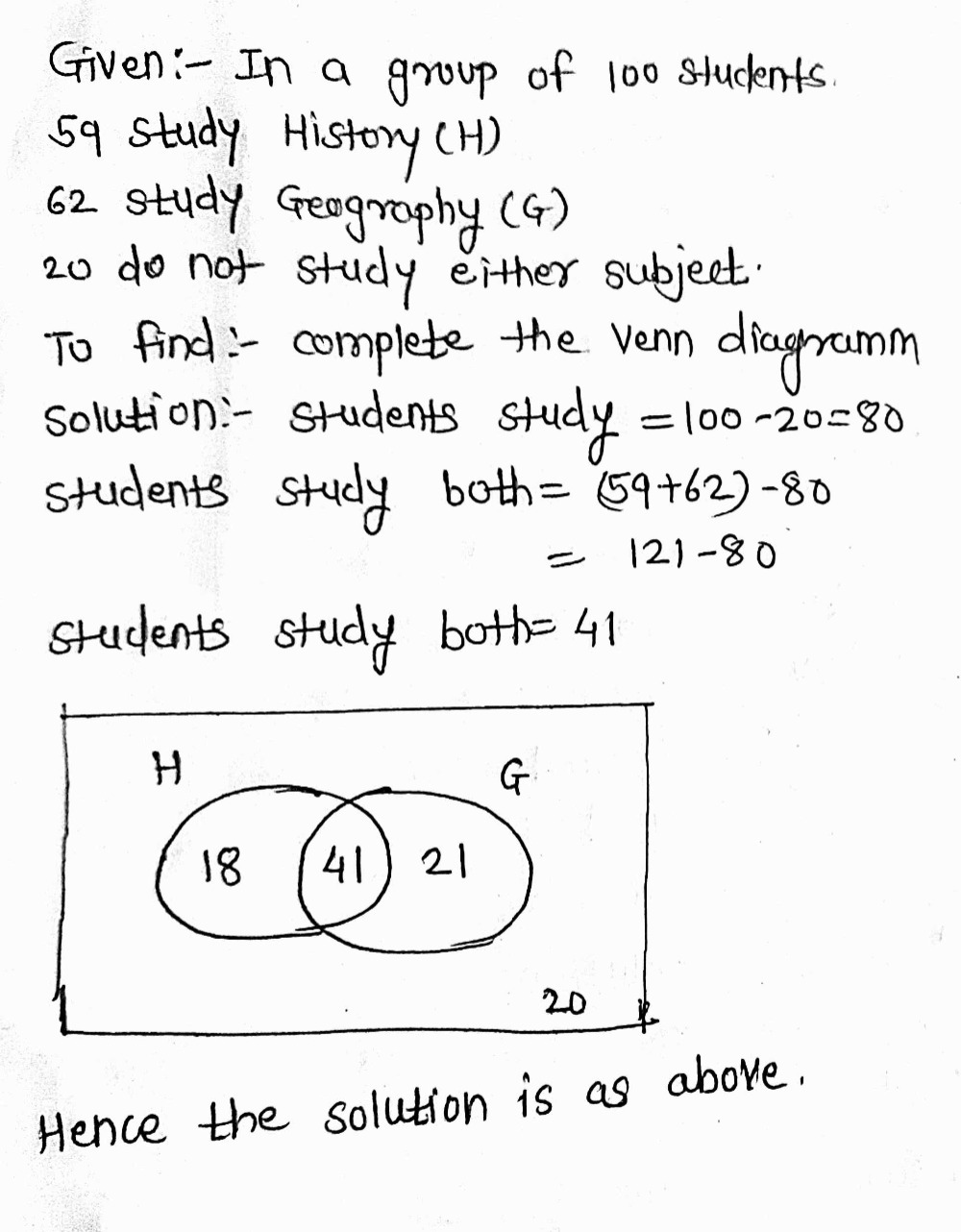 Not Study Solved: In a group of 100 students 59 study History (H) 62 study ...