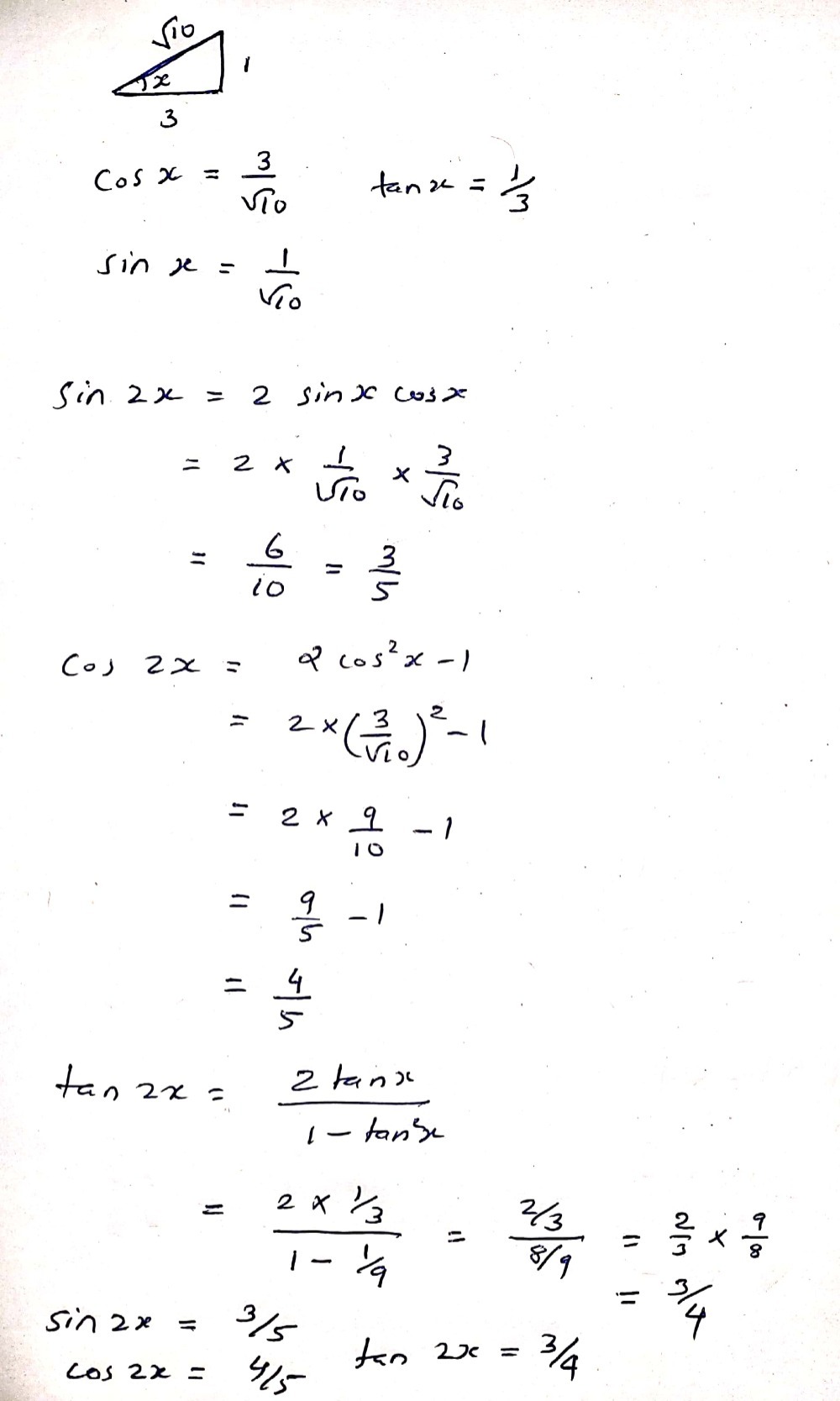 Find Sin 2x Cos 2x And Tan 2x If Cos X Frac 3 Sq Gauthmath