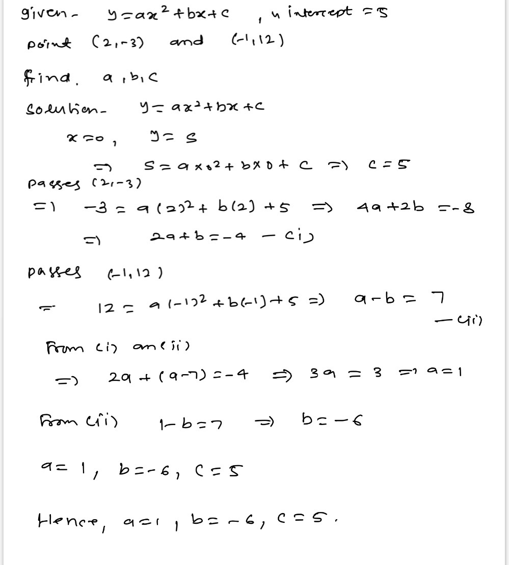 A Parabola Y Ax2 Bx C Has A Y Intercept Of 5 And P Gauthmath