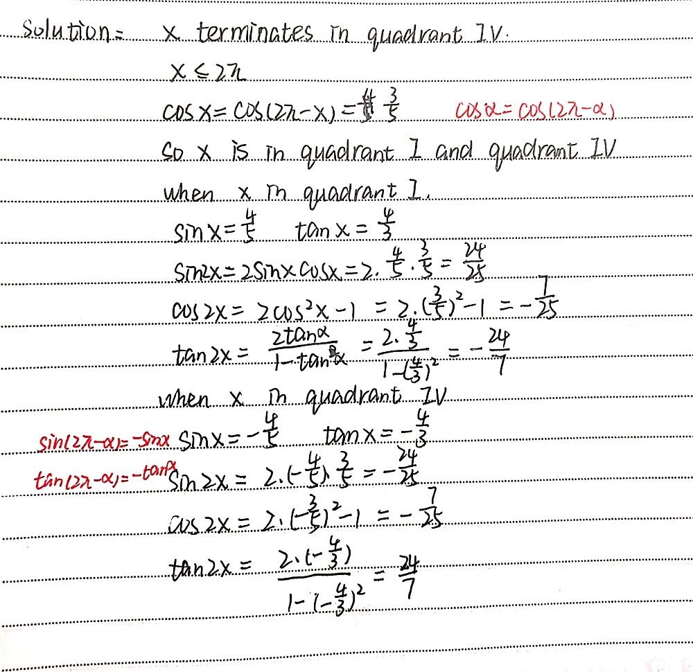 Find Sin 2x Cos 2x And Tan 2x If Cos X 3 5 And Gauthmath Find Sin 2x Cos 2x And Tan 2x If Cos X 3 5 And Gauthmath