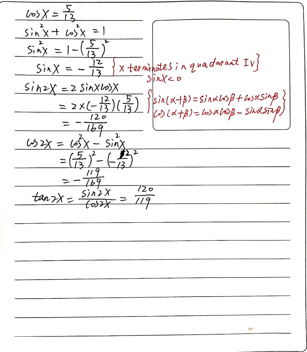 Find Sin 2x Cos 2x And Tan 2x If Cos X 5 13 An Gauthmath Find Sin 2x Cos 2x And Tan 2x If Cos X 5 13 An Gauthmath