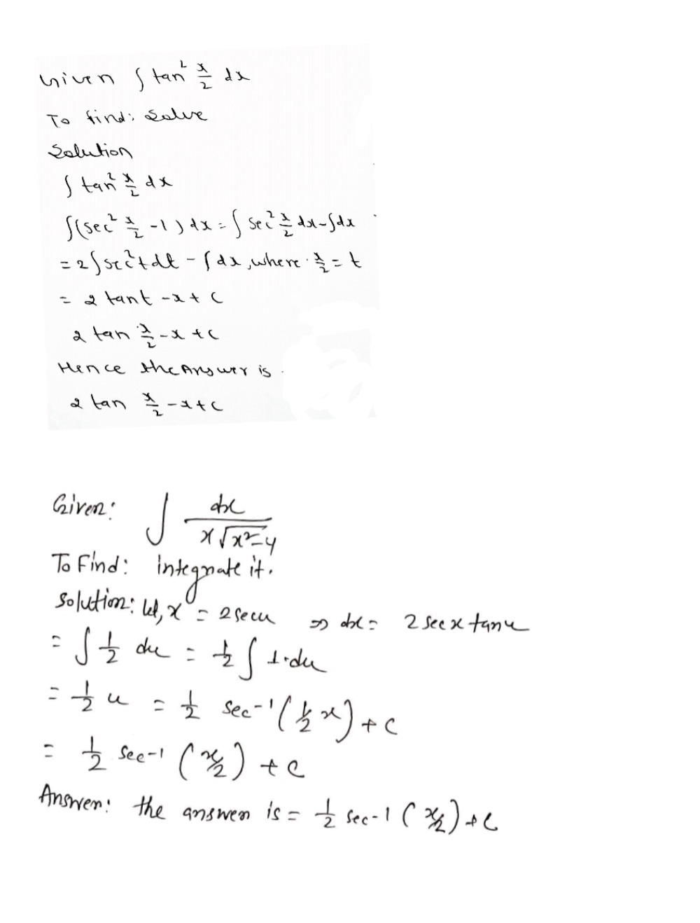 Find The Following Integrals I T Tan 2 X 2 Dx Gauthmath