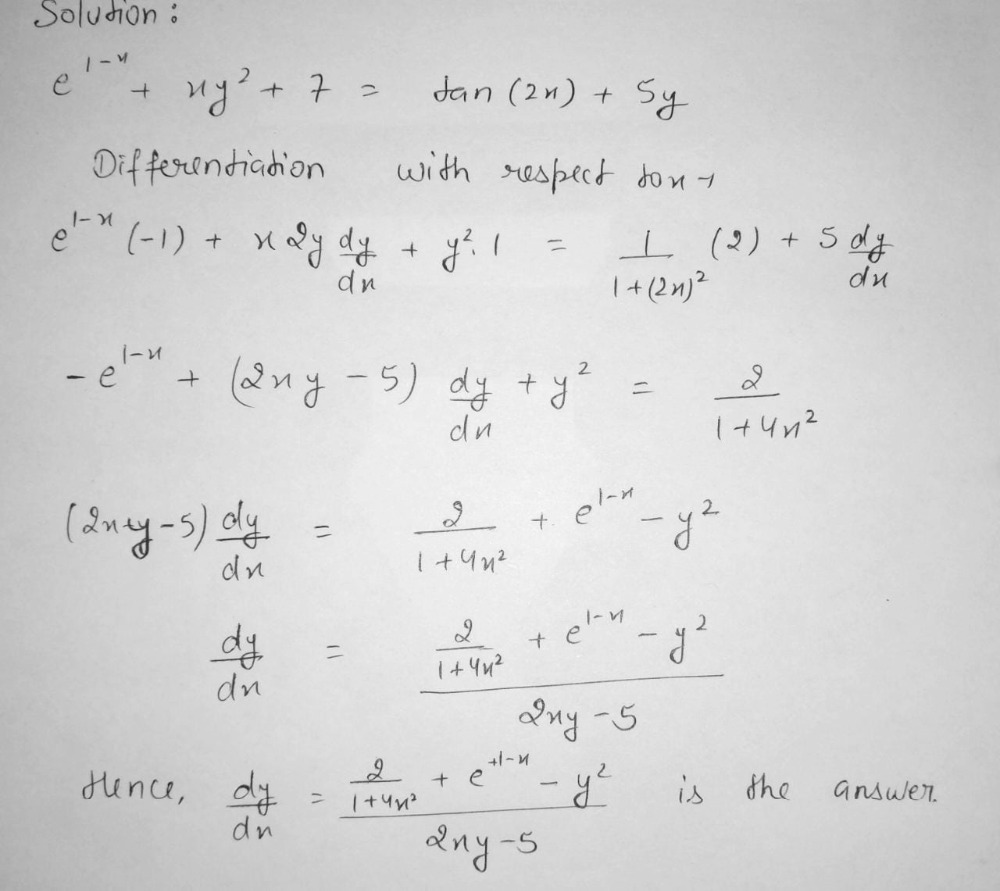 Given The Function E1x Xy2 7 Tan 2x 5y Find Dy Gauthmath