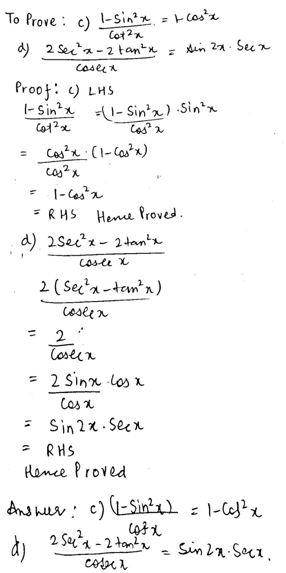 Prove Each Identity C Frac 1 Sin 2xcot 2x 1 Cos 2x Gauthmath