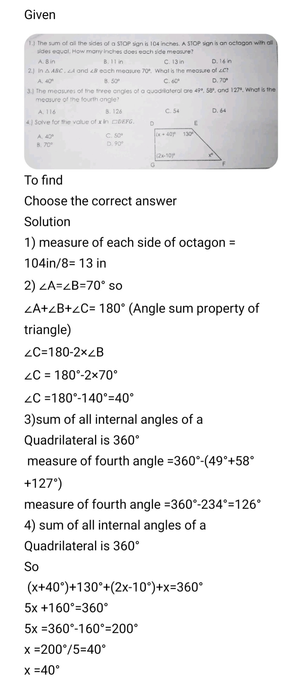 Solved: 1.) The sum of all the sides of a STOP sign is 104 inches. A ...