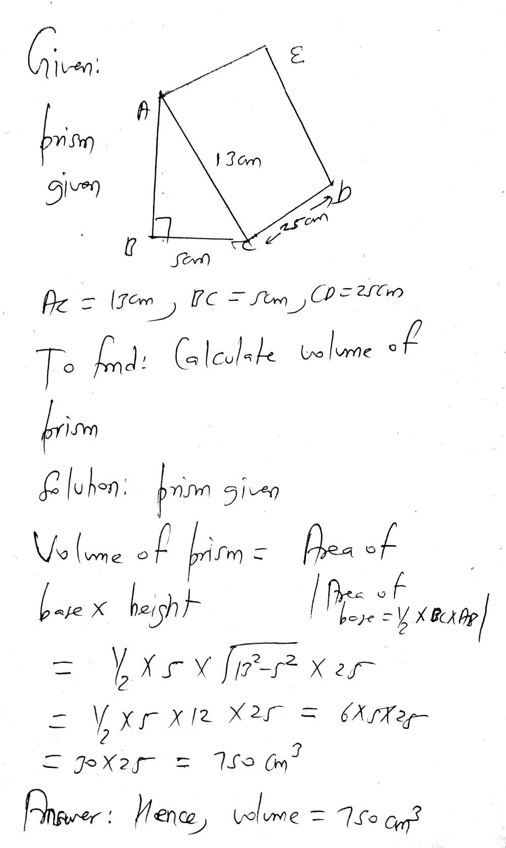 6 2 Give Triangular Prism With Ac 13 Cm 5 Cm Gauthmath