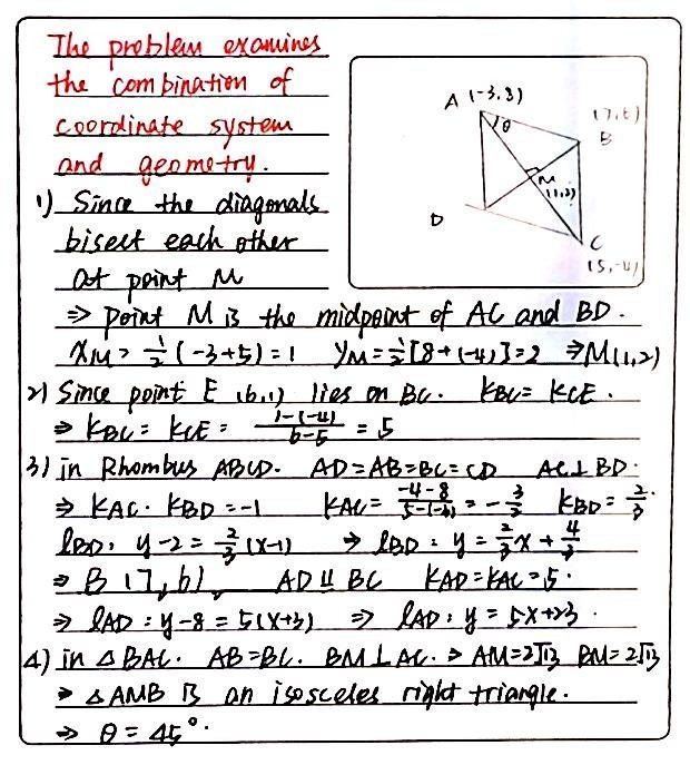Solved: ABCD is a rhombus with A(-3:8) and C(5;-4). The diagonals of ...