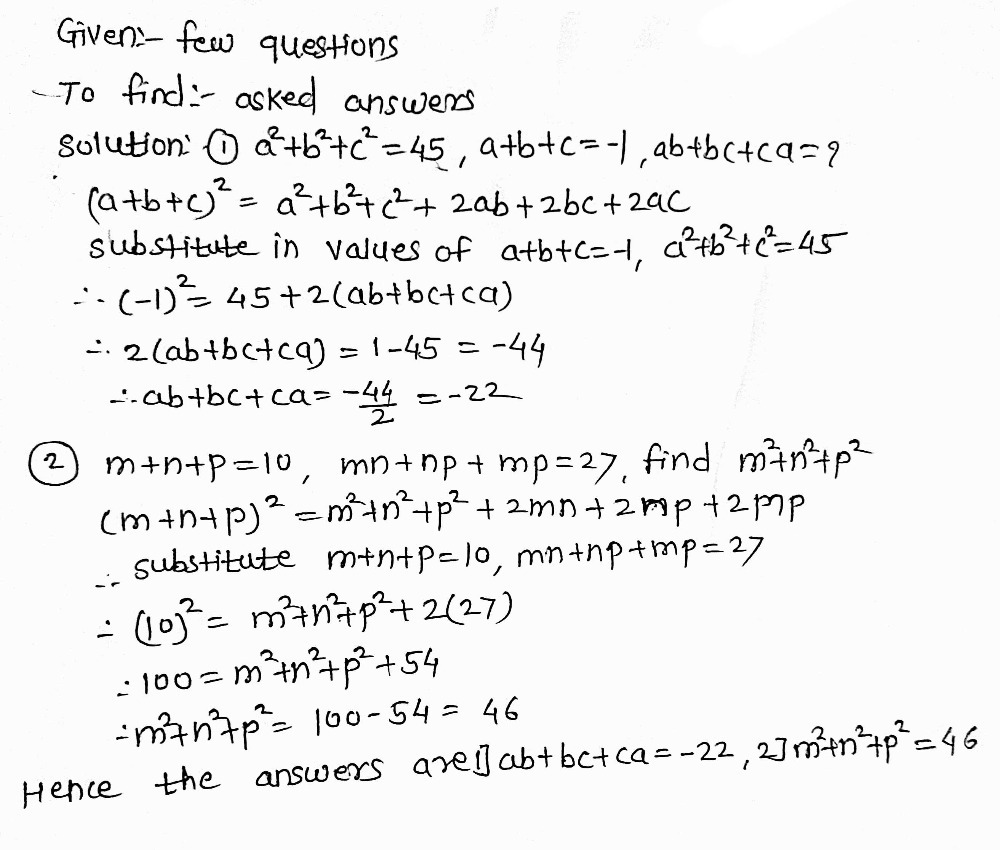 En Mu The Value Of Ab If B2 C2 45 And A B C 1 Gauthmath