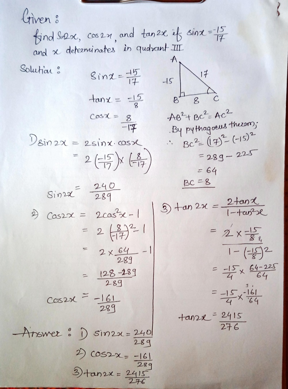 Find Sin 2x Cos 2x And Tan 2x If Sin X 15 17 A Gauthmath