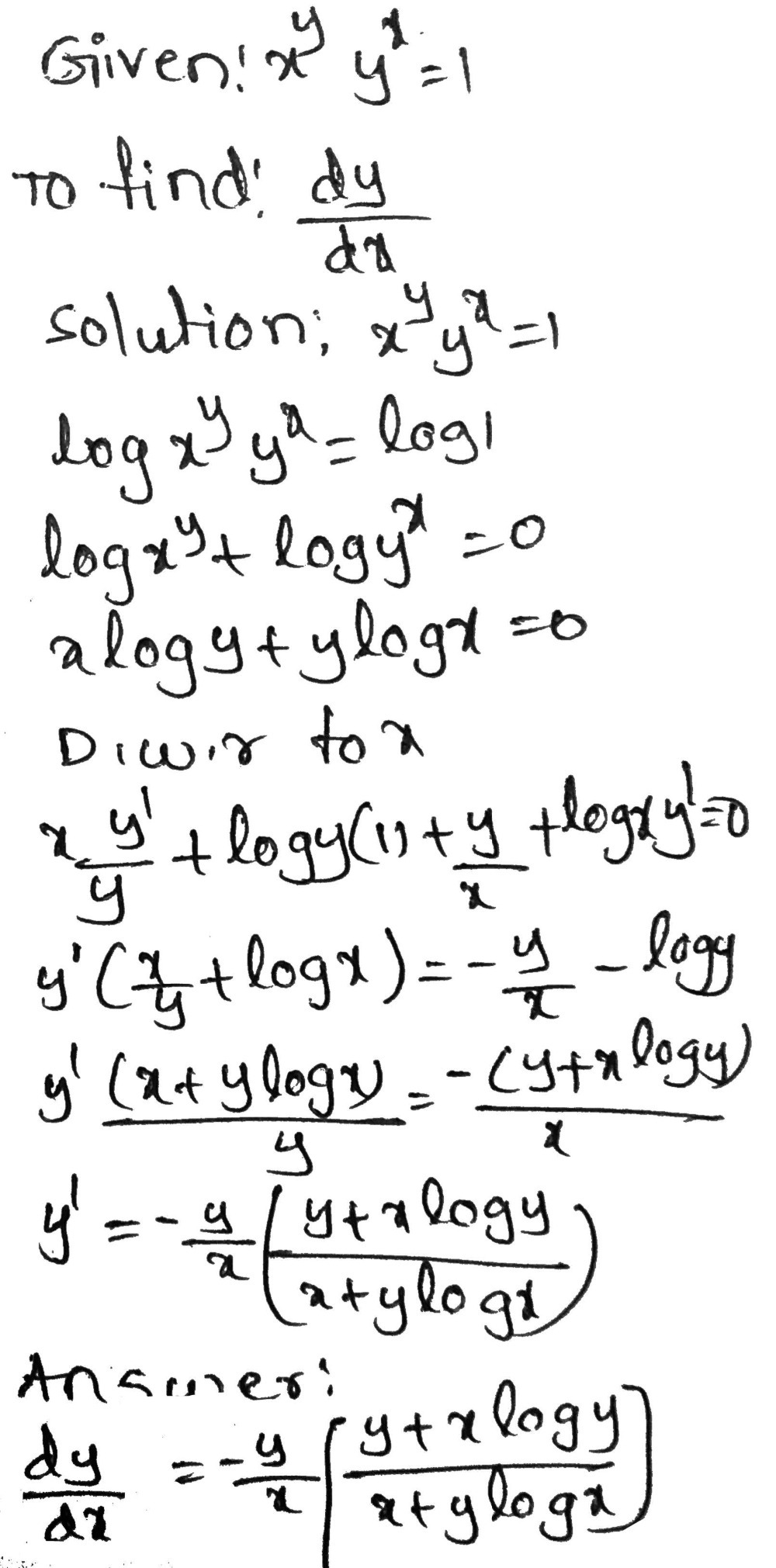 A If Xy Yx 1 Find Dy Dx Gauthmath