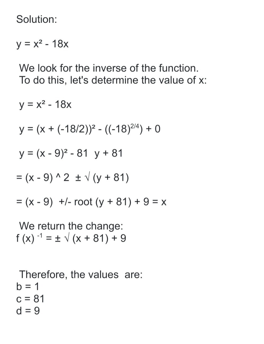 Use The Inverse Of The Function Y X2 18x To Find T Gauthmath