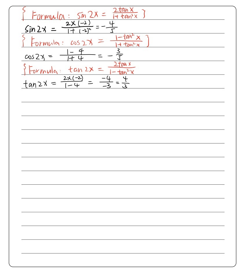 Find Sin 2x Cos 2x And Tan 2x If If Tan X 2 And Gauthmath Find Sin 2x Cos 2x And Tan 2x If If Tan X 2 And Gauthmath