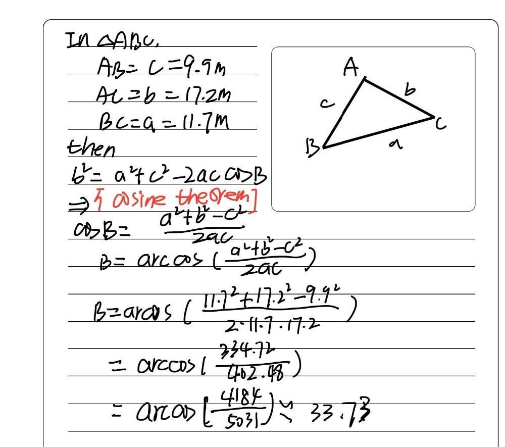 c=9.9 m, a=17.2 m, b=11.7 m Find m angle C - Gauthmath