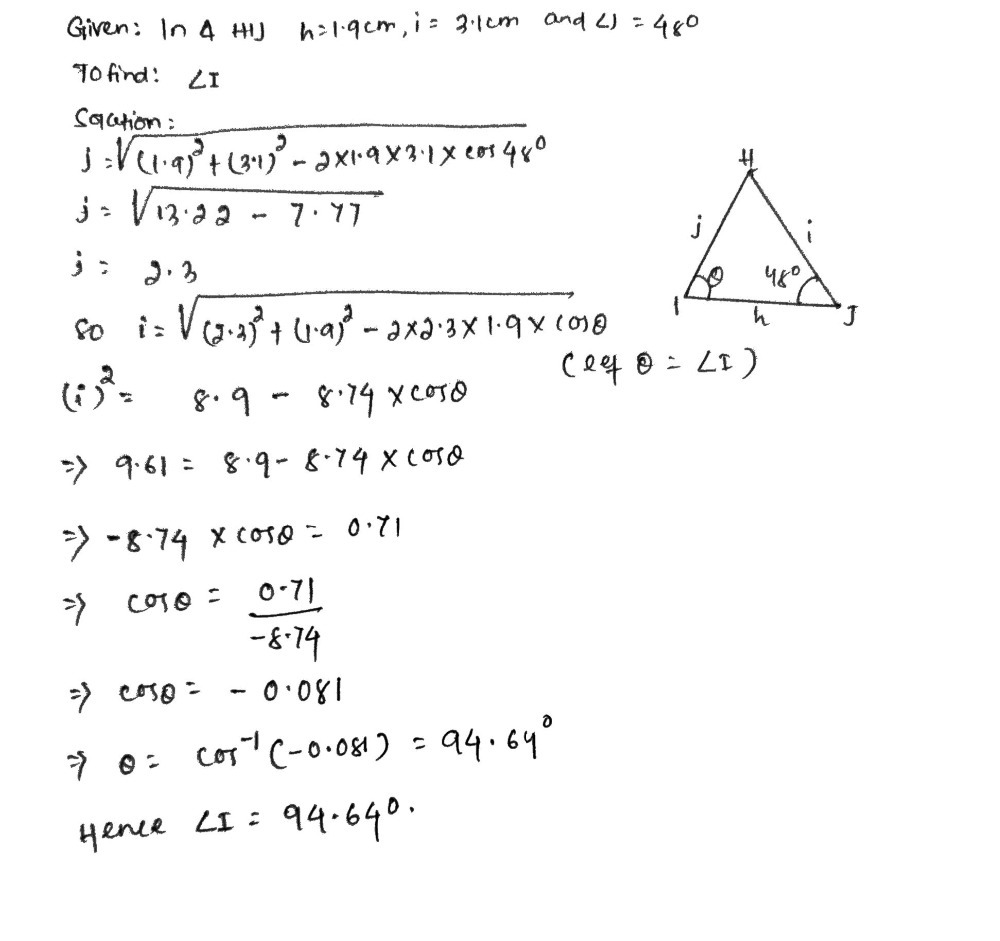 N Delta Hij H 1 9 Cm I 3 1 Cm And Angle J 48 Gauthmath