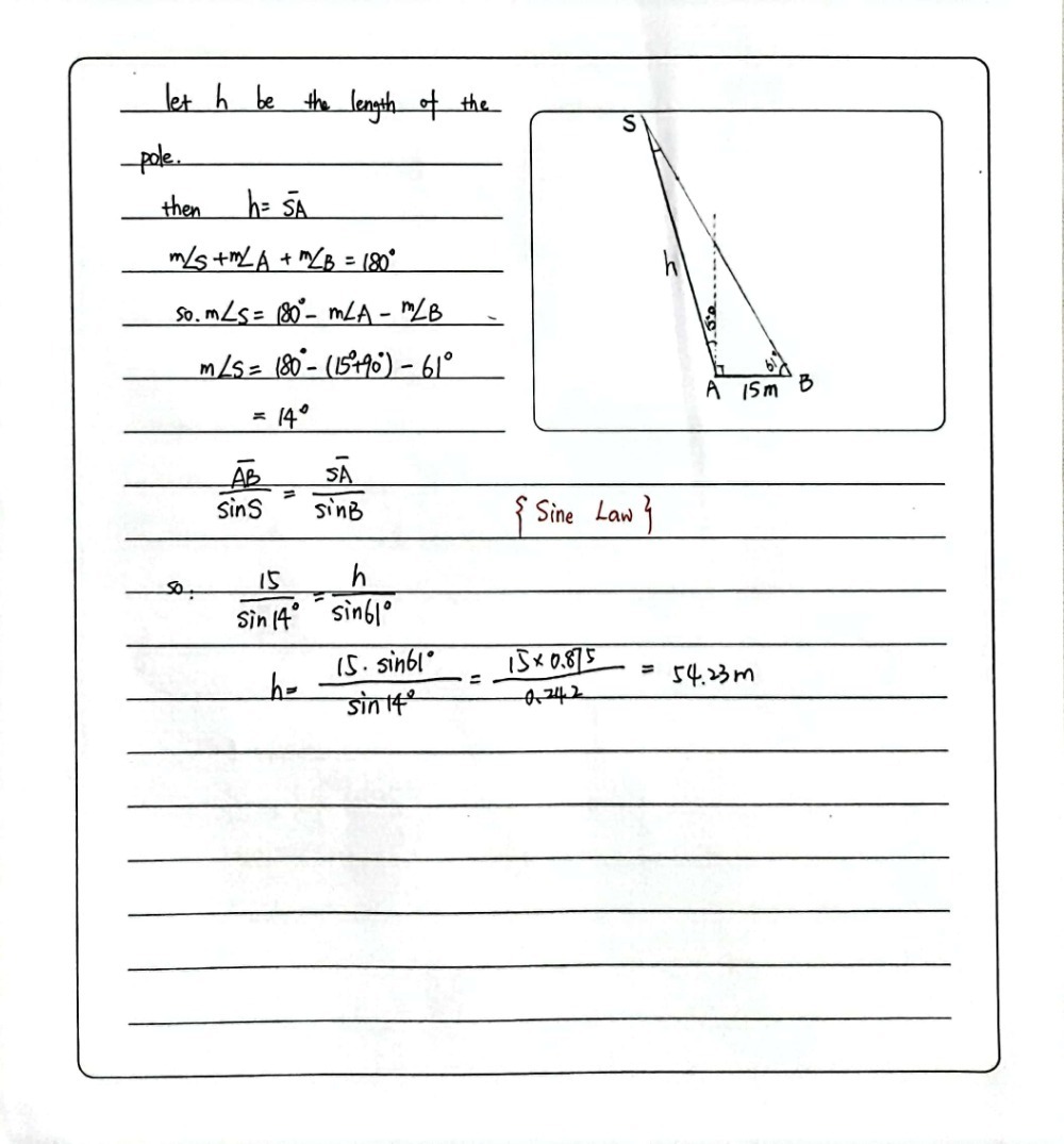 Solved: A pole cast a shadow 15 m long when the angle of elevation of ...