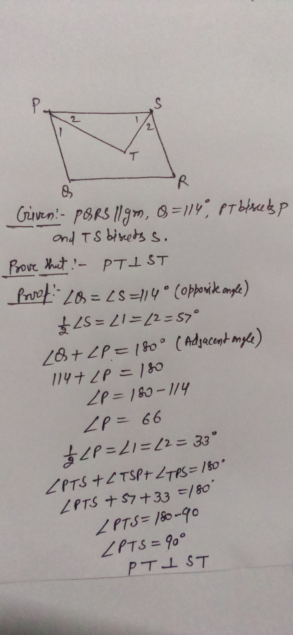 P S In Parallelogram Pqrs Hat Q 114 Pt Bi Gauthmath