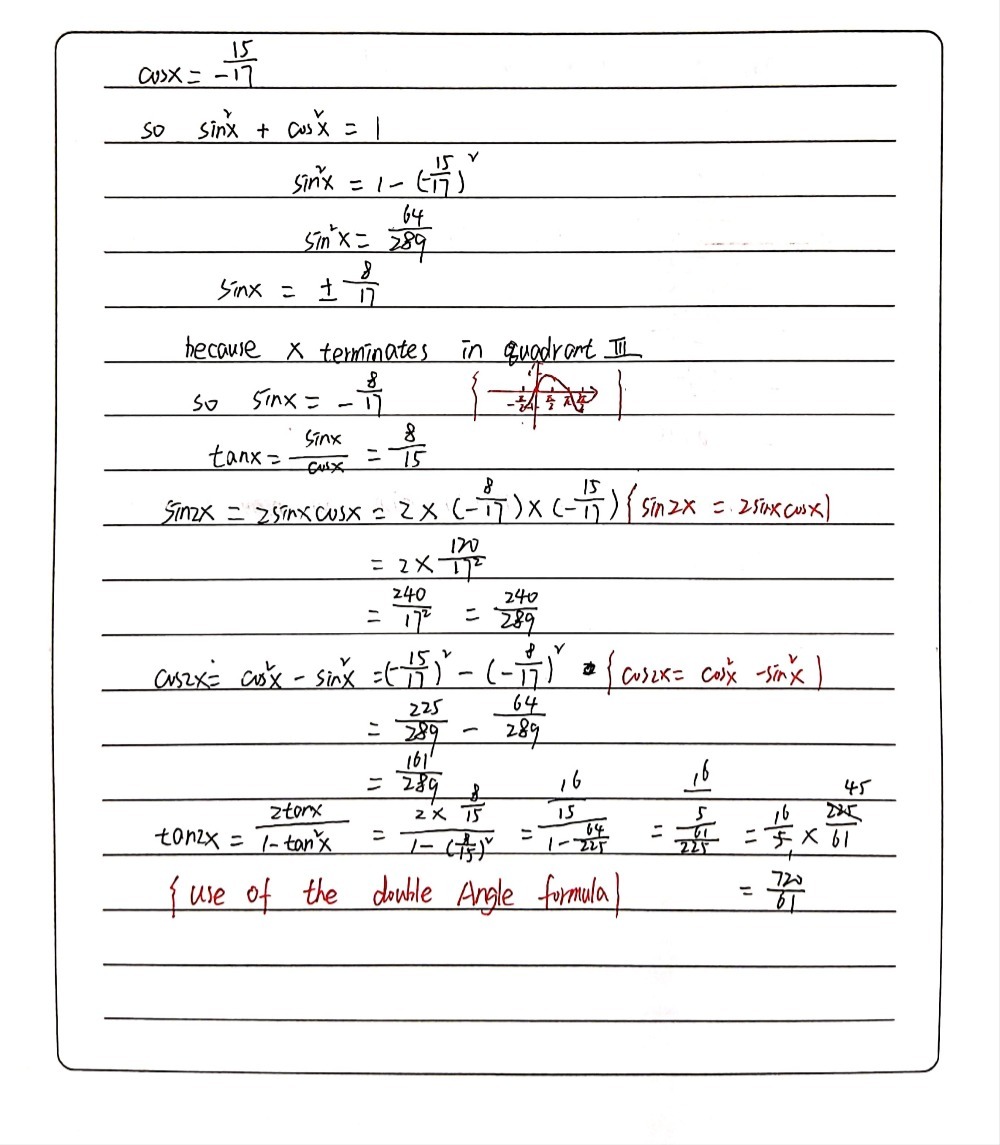 Find Sin2x Cos2x Andtan2xit Cosx 3 And X Terminat Gauthmath Find Sin2x Cos2x Andtan2xit Cosx 3 And X Terminat Gauthmath