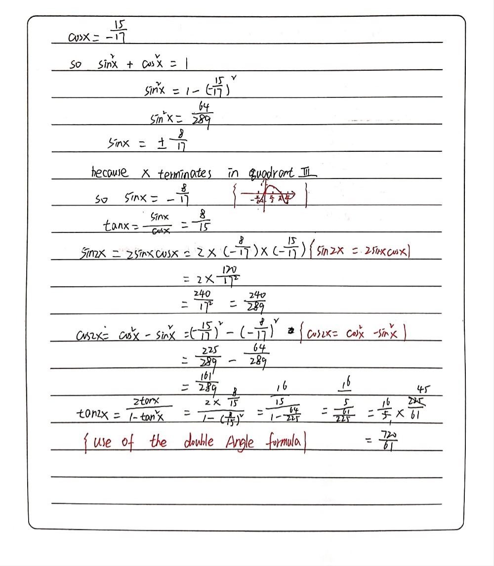 Find Sin2x Cos2x Andtan2xit Cosx 3 And X Terminat Gauthmath