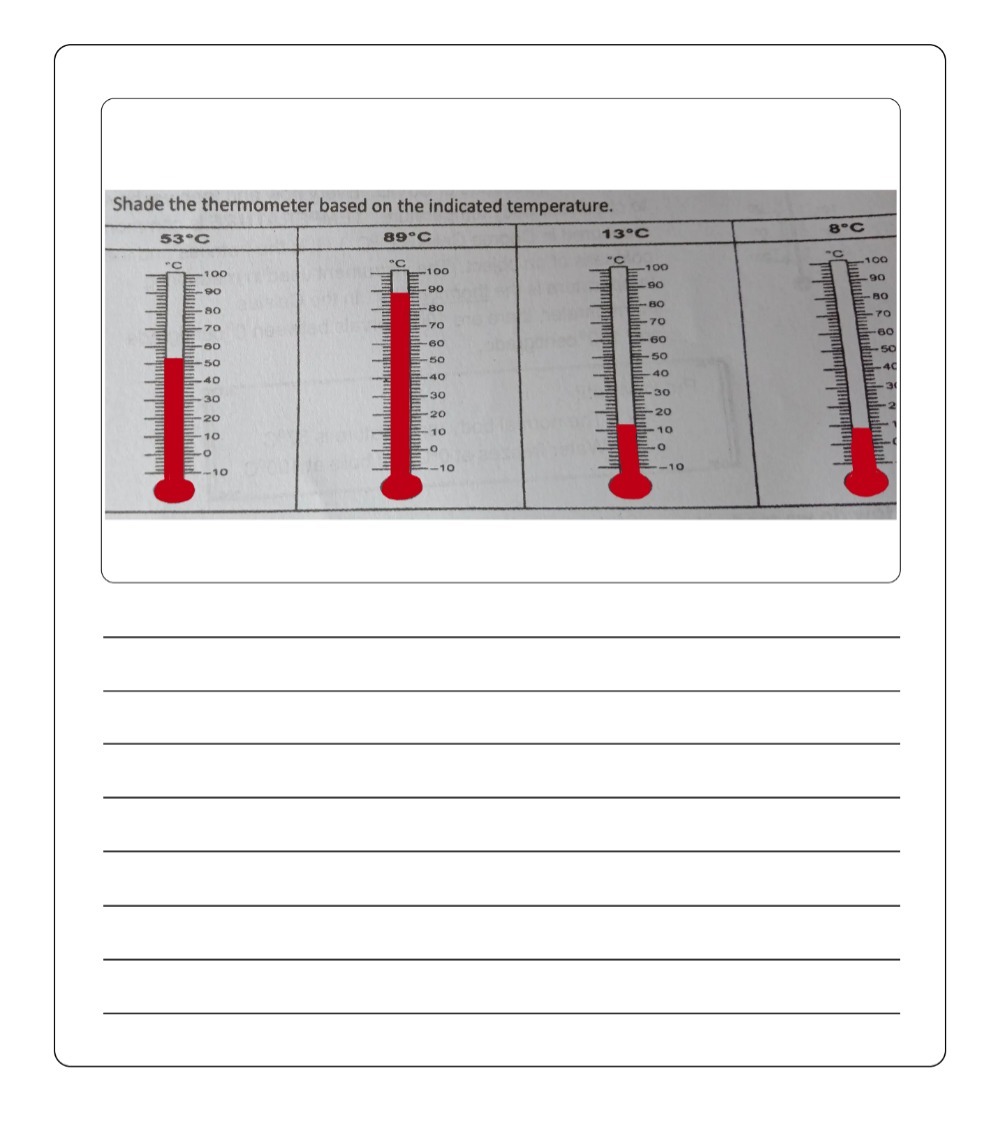 Shade the thermometer based on the indicated tempe Gauthmath