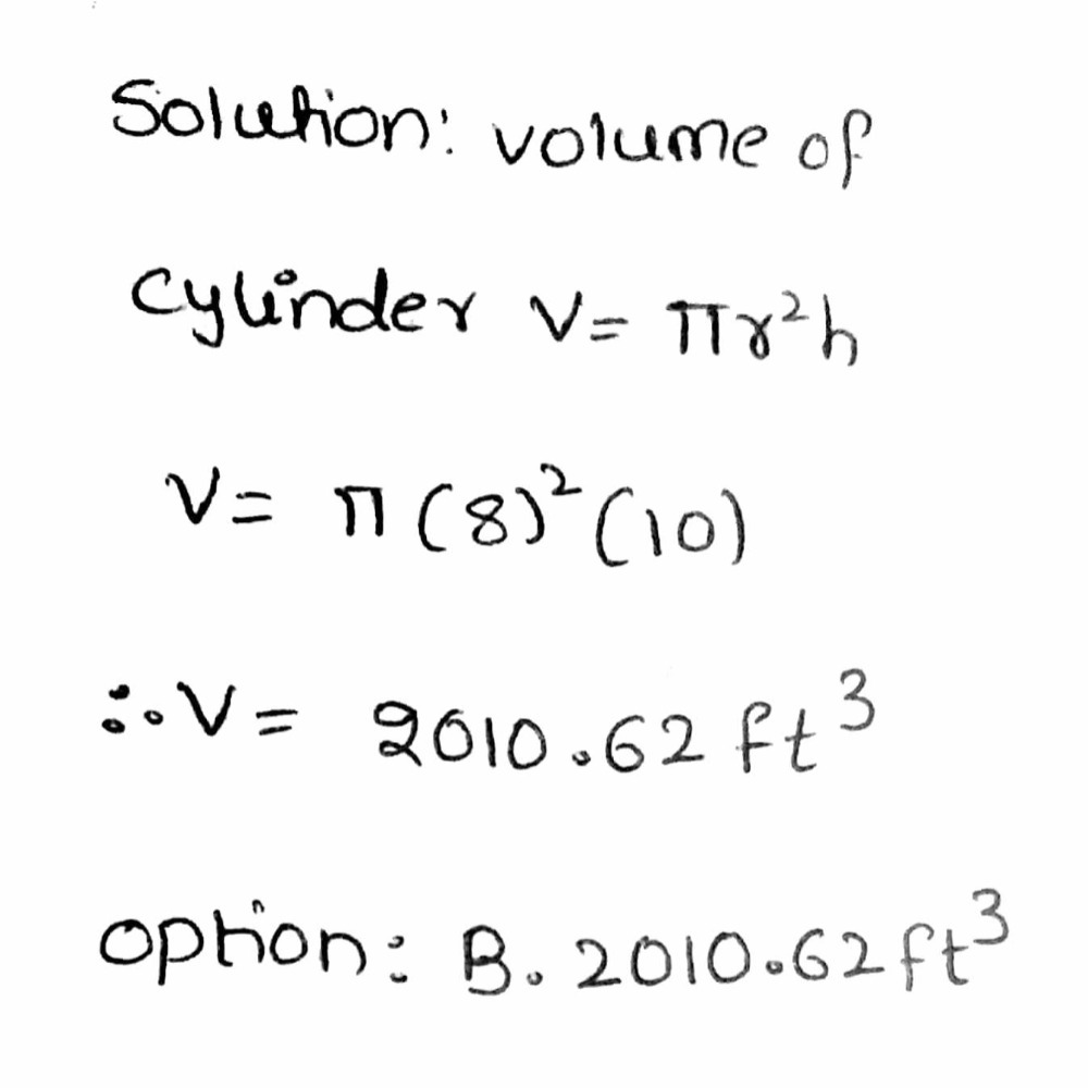What Is The Volume Of The Cylinder A 1 020 02 Ft Gauthmath
