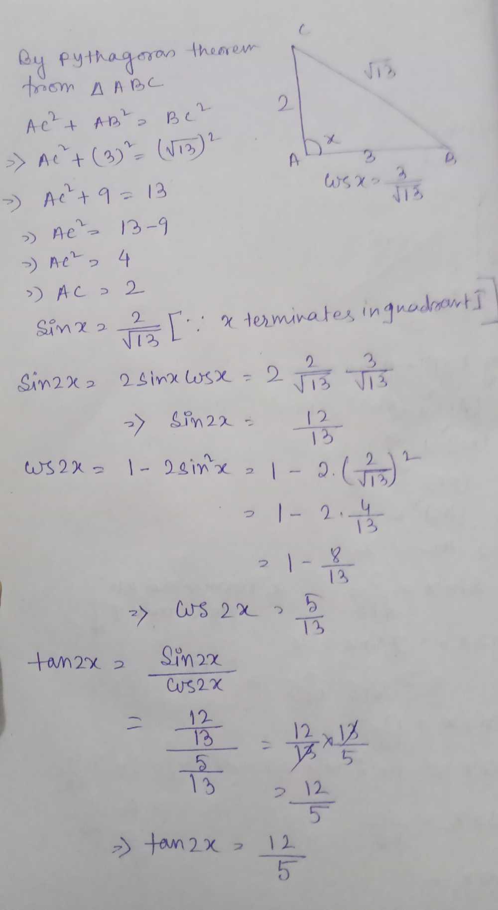 Find Sin 2x Cos 2x And Tan 2x If Cos X Frac 3 Sq Gauthmath