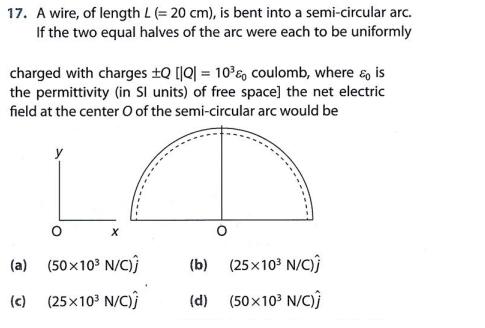 17 A Wire Of Length Tex L Cm Tex Is Bent Into A Semi Circular Arc If The Two Equal Halves Of The Arc Were Each To Be Uniformly Charged With Charges Tex Pm Q