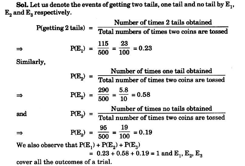 Example 2 Two Coins Are Tossed Simultaneously 500 Times And We Get Two Tails 115 Times One Tail 290 Times No Head 95 Times Find The Probability Of Occurrence Of Each Of These Events Snapsolve