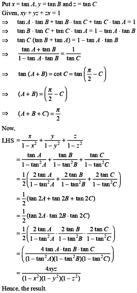 If Tex Xy Yz Zx 1 Tex Then Prove That Tex Frac X 1 X 2 Frac Y 1 Y 2 Frac Z 1 Z 2 Frac 4xyz 1 X 2 1 Y 2 1 S 2 Tex Snapsolve