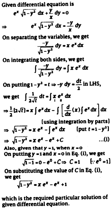 Find The Particular Solution Of The Differential Equation E X Sqrt 1 Y 2 Dx Frac Y X Dy 0 Given That Y 1 When X 0 4 Snapsolve