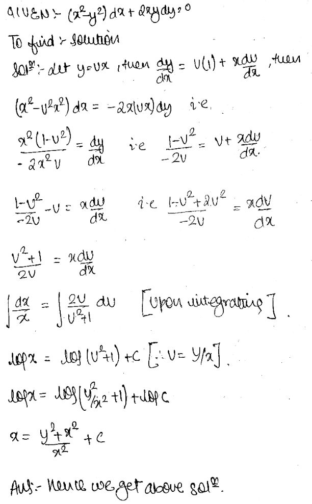 Solve The Following Differential Equations X 2 Y 2 Dx 2xy Dy 0 Snapsolve