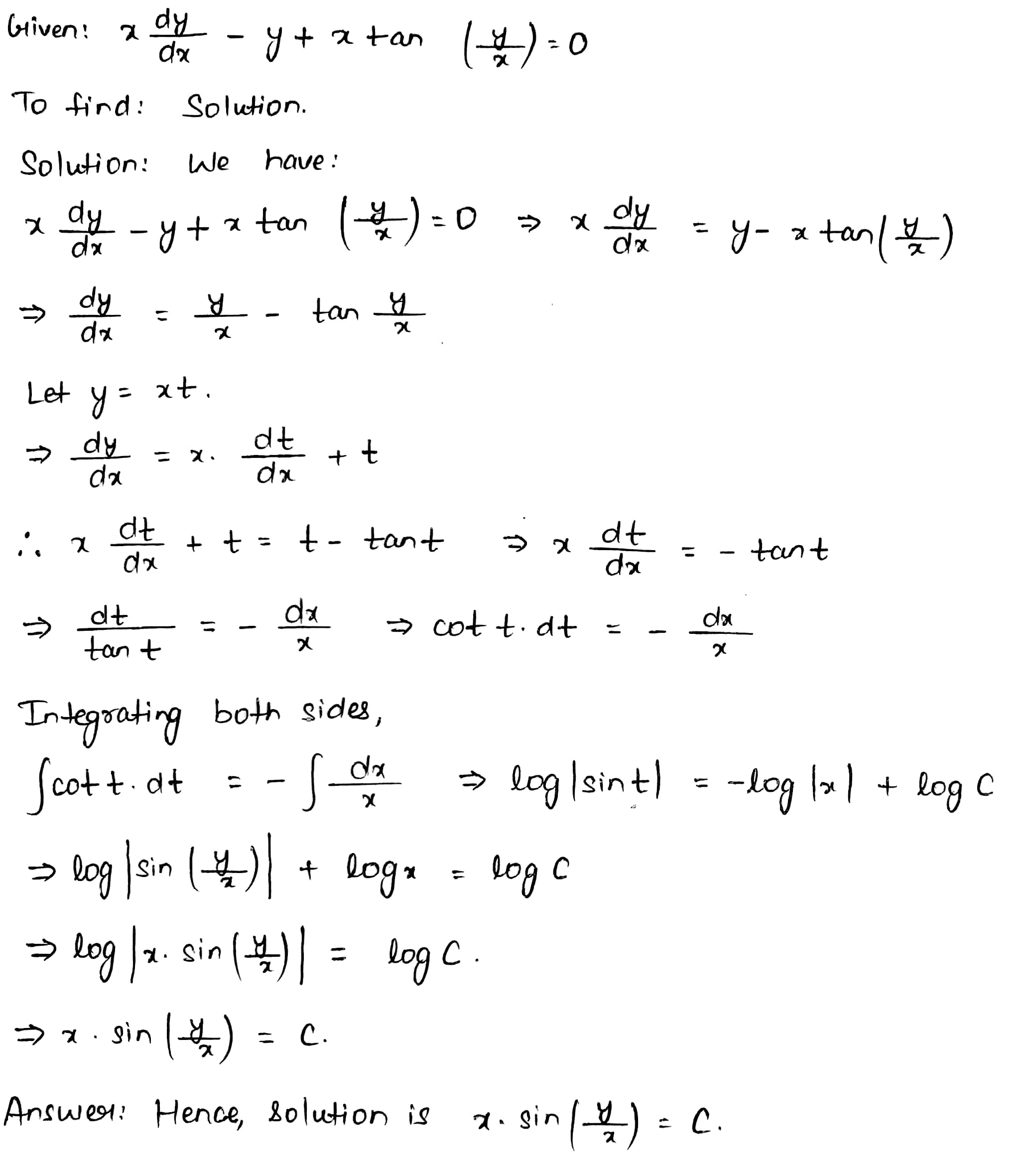 Solve The Following Differential Equations Xfrac Dy Dx Y Xtan Frac Y X 0 Snapsolve