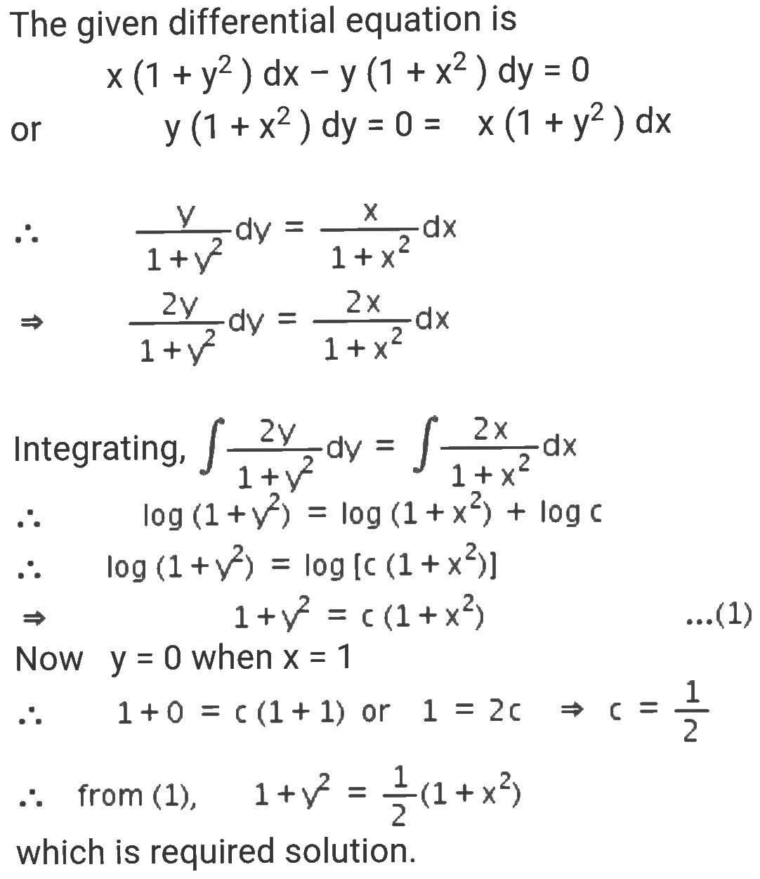 Solve X 1 Y 2 Dx Y 1 X 2 Dy 0 Given That Y 0 When X 1 Snapsolve