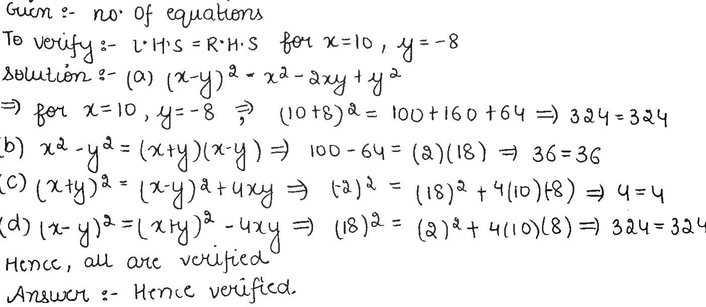 Verify Each Of The Following A X Y 2 X 2 2xy Y 2 B X 2 Y 2 X Y X Y C X Y 2 X Y 2 4xy D X Y 2 X Y 2 4xyforx 10 Y 8 Snapsolve