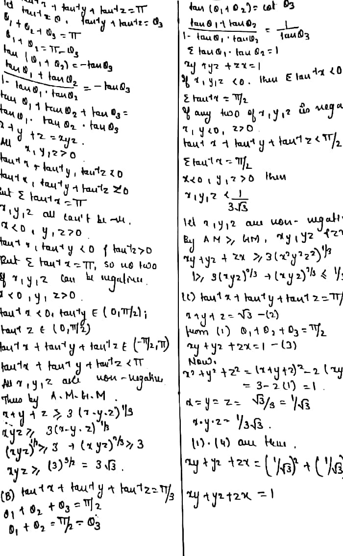 Column Icolumn Ii A If Tan 1 X Tan 1 Y Tan 1 Z Pi Then P X Y Z B If Tan 1 X Tan 1 Y Tan 1 Z Frac Pi 2 Then Q Xyz Geq 3sqrt 3 C If Tan 1 X Tan 1 Y Tan 1 Z Frac Pi 2 And X Y Z