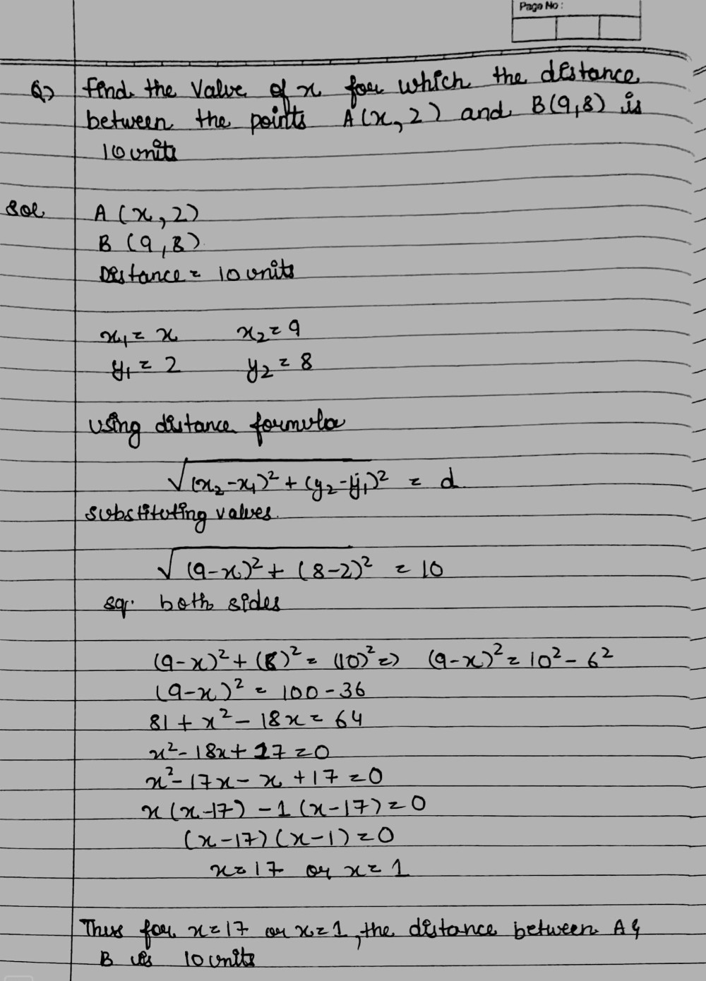 Find The Value Of X For Which The Distance Between The Points A X 2 And B 9 8 Is 10 Units Snapsolve