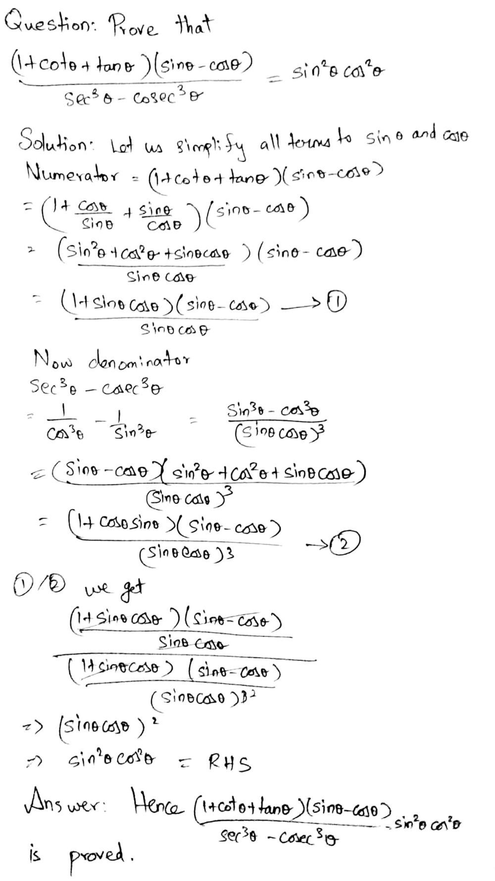 Prove That Frac Left 1 Mathit Cot Theta Mathit Tan Theta Right Mathit Sin Theta Mathit Cos Theta Mathit Sec 3 Theta Mathit Cosec 3 Theta Sin 2 Theta Cos 2 Theta Snapsolve