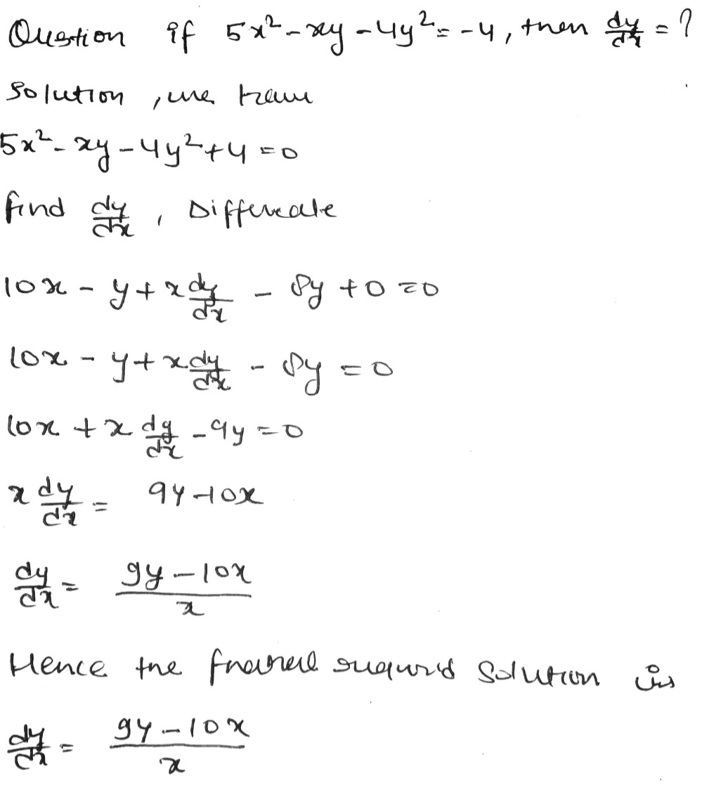 1 Point If 5x 2 Xy 4y 2 4 Then Frac Dy Dx Snapsolve