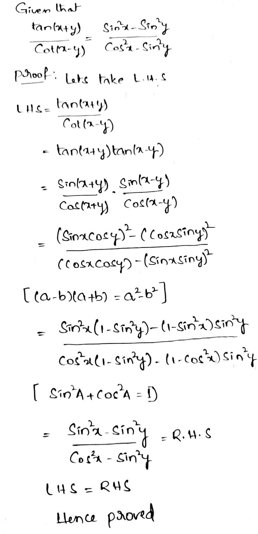 Prove Each Of The Following Frac Tan X Y Cot X Y Frac Sin 2x Sin 2y Cos 2x Sin 2y Frac Tan 2x Tan 2y 1 Tan 2xtan 2y Snapsolve